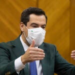 El presidente de la Junta de Andalucía, Juanma Moreno, en la sesión de control al gobierno en el pleno del Parlamento andaluz