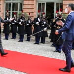 French President Emmanuel Macron (L), welcomes Spain's Prime Minister Pedro Sanchez (R) before the 26th French-Spanish summit in Montauban, southern France, 15 March 2021. Emmanuel Macron and Pedro Sanchez will discuss bilateral issues, including the fight against terrorism, illegal immigration, and the coronavirus pandemic, as well as border closures and economic revival.