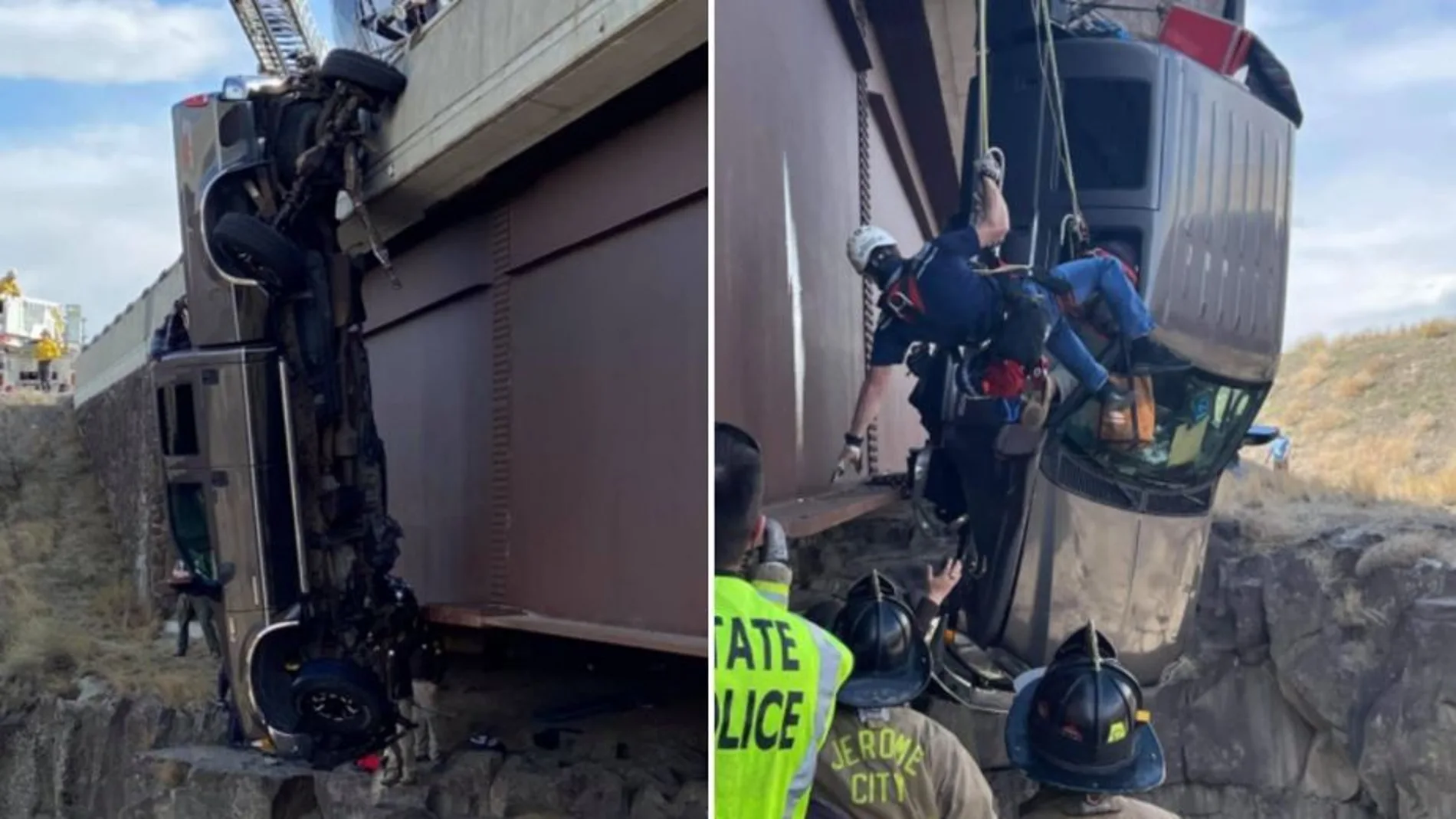 Captura de la camioneta colgando sobre el puente de 30 metros en Idaho, EE UU