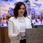 La presidenta de la Comunidad de Madrid, Isabel Díaz Ayuso, interviene en la presentación del informe Madrid, hub digital del sur de Europa en la sede de la Comunidad