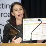 La primera ministra de Nueva Zelanda Jacinda Ardern hoy en la rueda de prensa de presentación del corredor de viajes con Australia