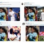 Combo de capturas de Twitter de los fútbolistas del Real Madrid Misa Rodríguez, Marco Asensio, Marcelo Vieira, Henrique Casemiro, y Vinicius Jr.