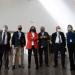 Jordi Hereu, Jaume Collboni, Ada Colau, Joan Clos, Xavier Trias y Elsa Artadi antes de la inauguración de Barcelona reAct