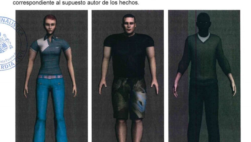 Imagen en 3D que representa al presunto sicario, al asesinado y a su novia