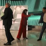 Imagen de los candidatos de PSOE, Más Madrid y Unidas Podemos al término del debate electoral
