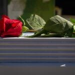 Detalle de una rosa sobre los libros de una de las paradas de las Ramblas de Barcelona este viernes, cuando Cataluña celebra una esperada "diada" de Sant Jordi que por primera vez desde hace 2 años tendrá puntos de venta de libros y rosas en las calles. EFE/Enric Fontcuberta