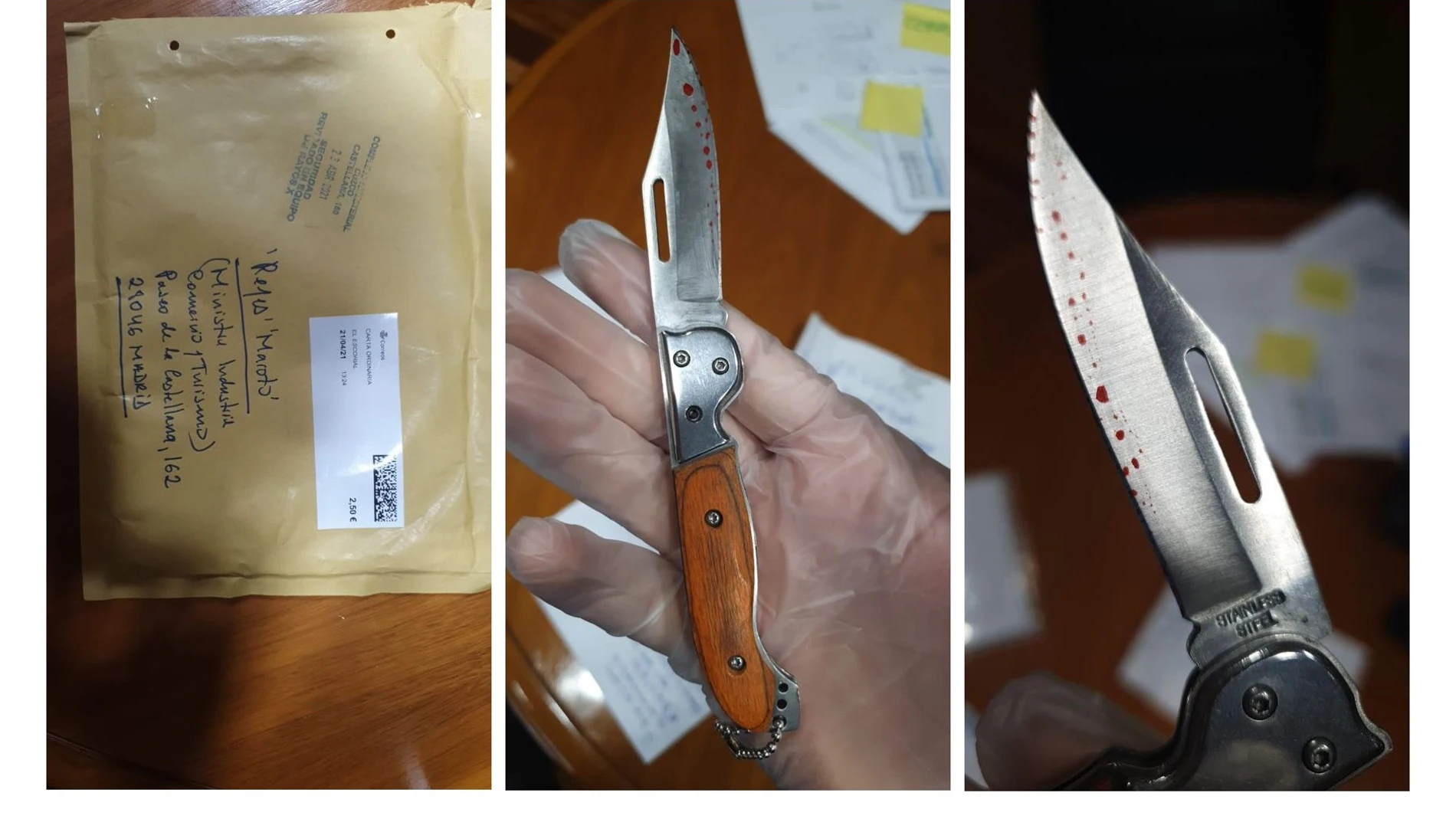 Combo fotográfico que muestra la carta con una navaja ensangrentada que recibió este lunes la ministra de Industria, Comercio y Turismo, Reyes Maroto