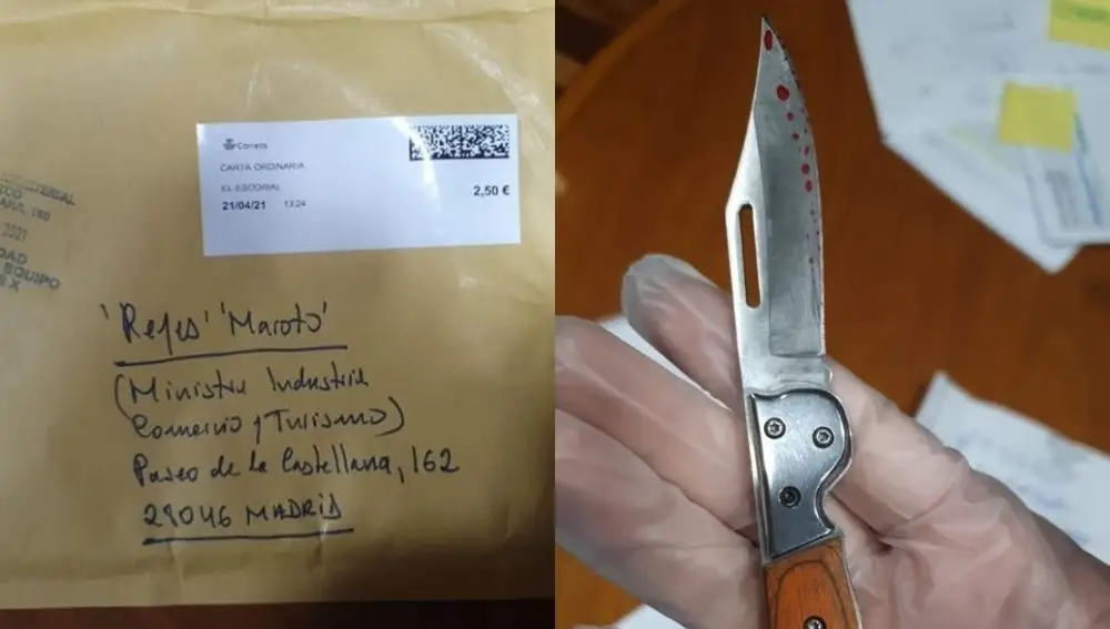 El sobre que recibió la ministra Reyes Maroto con la navaja que llevaba en su interior