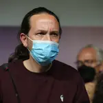 Pablo Iglesias, en una rueda de prensa tras las votaciones de la jornada electoral, a 4 de mayo de 2021