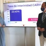 El consejero de Economía, Hacienda y Administración Digital, Javier Celdrán, y la directora general de Función Pública, Carmen María Zamora, durante la comparecencia para analizar la evolución de la tasa de interinidadCOMUNIDAD04/05/2021