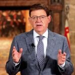 El presidente de la Generalitat, Ximo Puig, durante la declaración institucional que ha pronunciado con ocasión de la finalización del estado de alarma