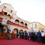 (I-D) El alcalde de Lorca, Diego José Mateos; el presidente de Murcia, Fernando López Miras y la ministra de Defensa, Margarita Robles presiden el acto institucional con motivo del X aniversario de los terremotos de mayo de 2011 en Lorca