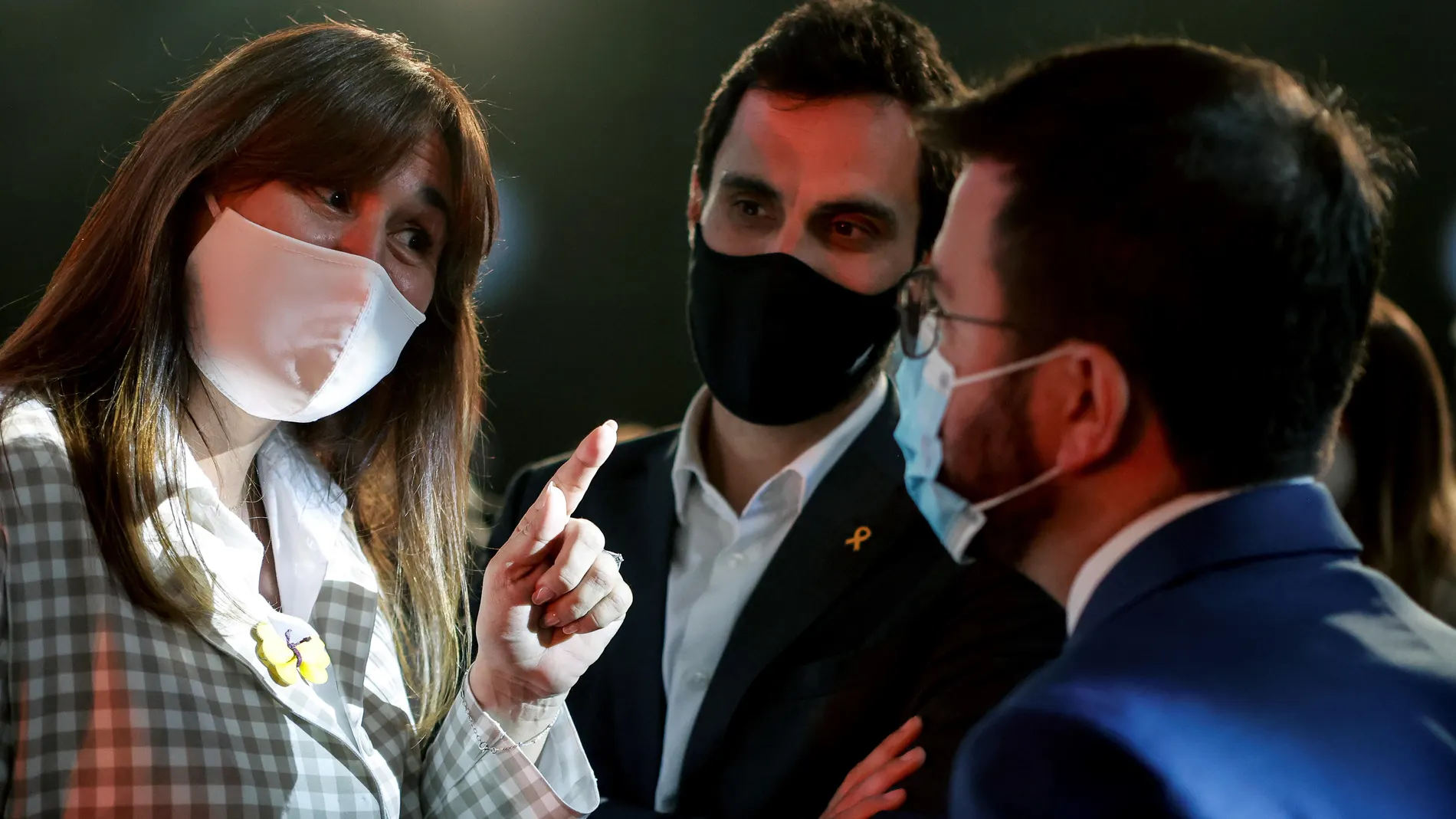 El president Aragonès, la presidenta del Parlament, Laura Borràs, y el consejero Roger Torrent