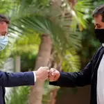 El coordinador nacional de ERC y candidato a la investidura, Pere Aragonès, y el secretario general de JxCat, Jordi Sanchez, durante la comparecencia conjunta