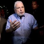 FILE - In this Aug. 9, 2019 file photo, Panama's former President Ricardo Martinelli talks to reporters near his home, in Panama City. Martinelli and former President Juan Carlos Varela are on the list of 50 people that an anti-corruption prosecutor's office asks to be called to trial in the bribery case of involving the Brazilian construction company Odebrecht, said prosecutor Tania Sterling, on Wednesday, May 26, 2021. (AP Photo/Eric Batista, File)
