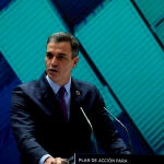 El presidente del Gobierno, Pedro Sánchez, interviene en la presentación del Plan de Acción para la Internacionalización de la Economía Española 2021-2022