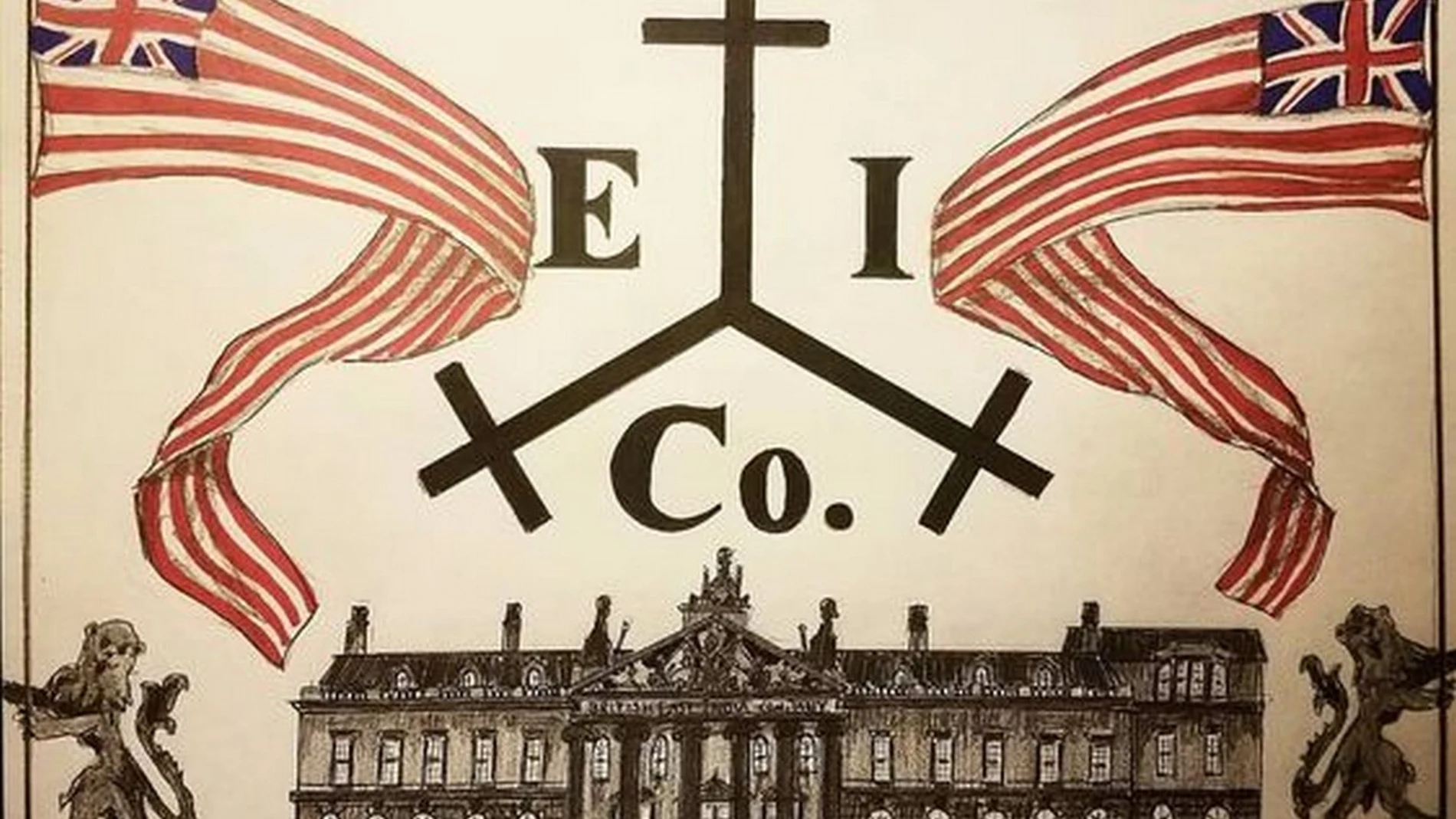 El anagrama de la Compañía de las Indias Orientales junto a la bandera inglesa