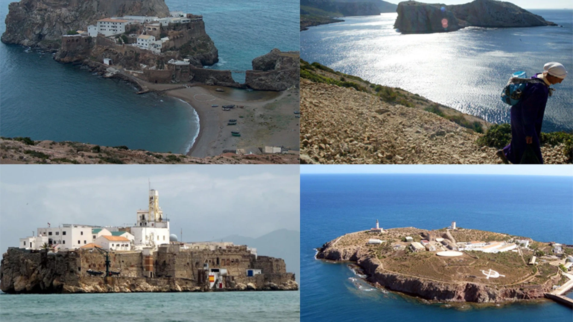 De izquierda a derecha y de arriba a abajo, Vélez de la Gomera, Perejil, Alhucemas y Chafarinas