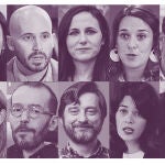 De izquierda a derecha, Irene montero, nacho Álvarez, Ione Belarra, Noelia Vera, Jaume Asens, Yolanda Diaz, Pablo Echenique, Rafa Mayoral, Isa Serra y Alberto Rodríguez