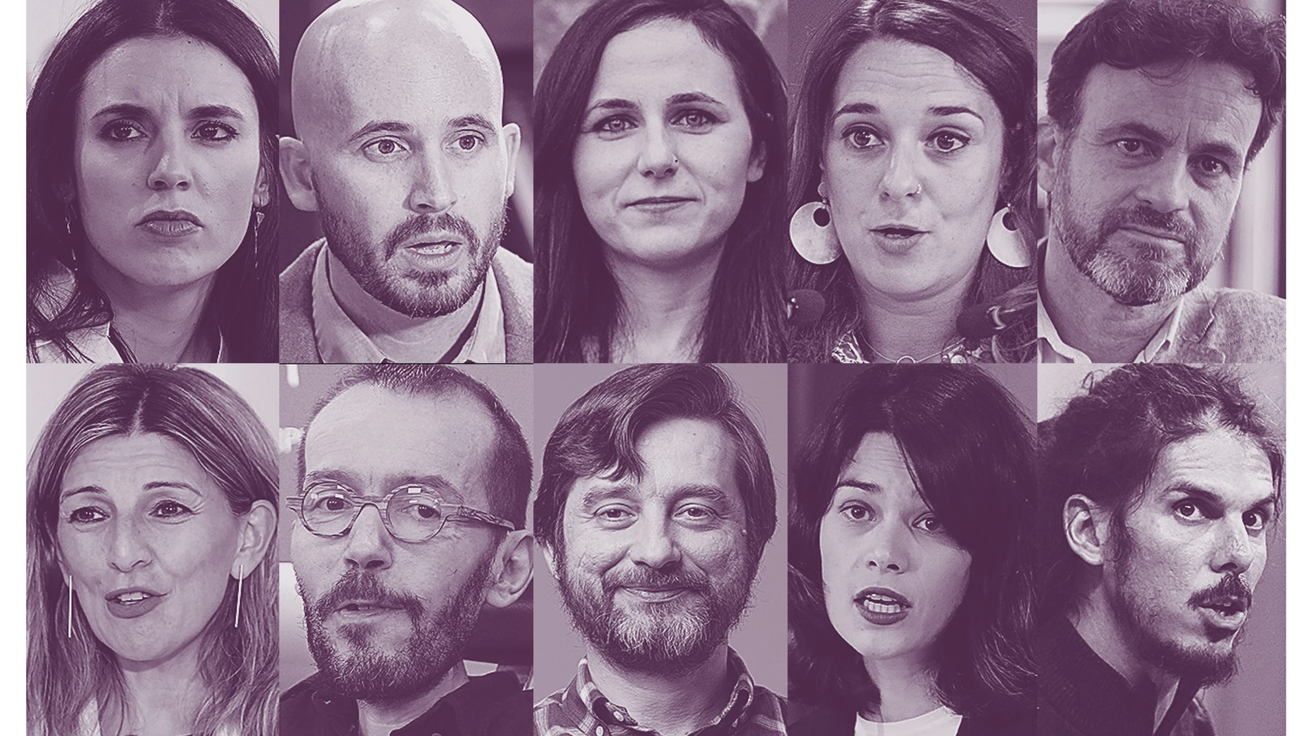 De izquierda a derecha, Irene montero, nacho Álvarez, Ione Belarra, Noelia Vera, Jaume Asens, Yolanda Diaz, Pablo Echenique, Rafa Mayoral, Isa Serra y Alberto Rodríguez