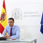 El presidente del Gobierno, Pedro Sánchez, durante su reciente reunión por videoconferencia con el secretario general de la OTAN, Jens Stoltenberg