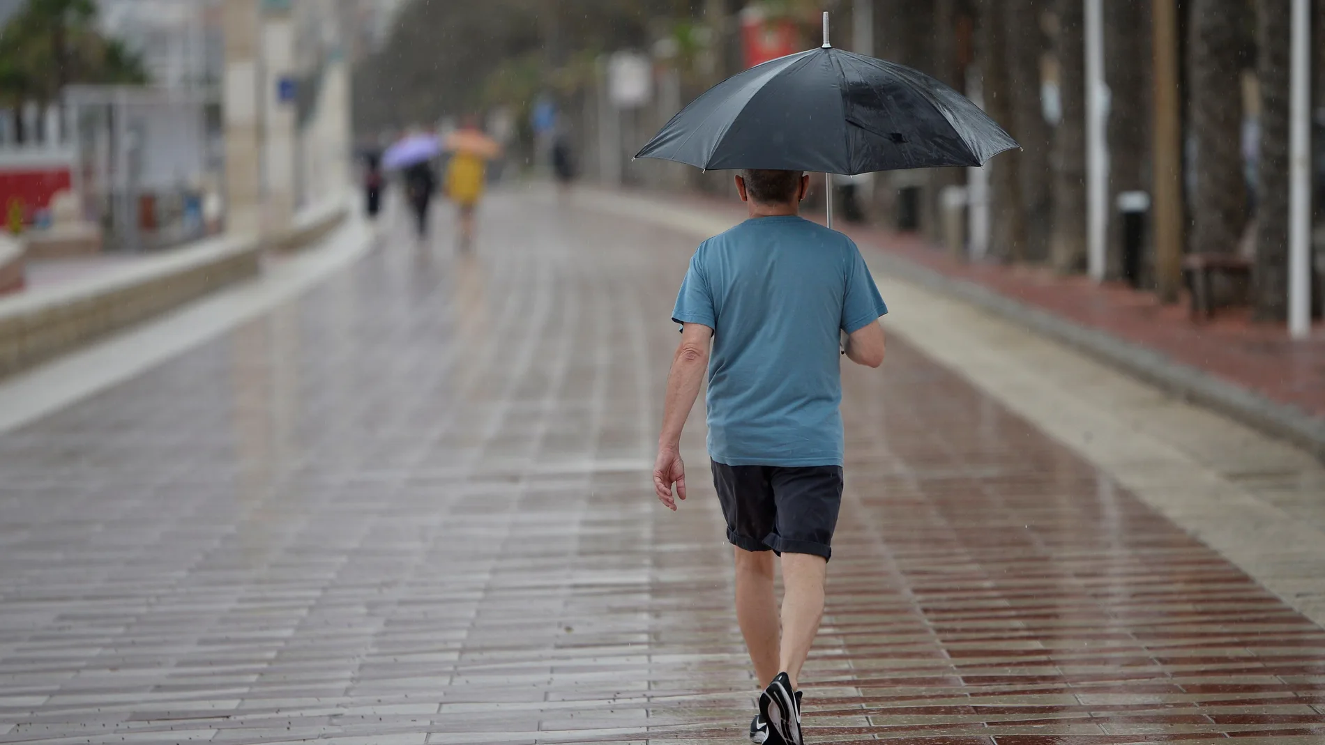 Un hombre camina bajo la lluvia por el Paseo Maritimo de Almería. EFE / Carlos Barba