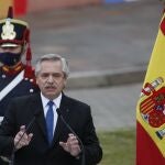 El presidente Alberto Fernández durante su comparecencia con Pedro Sánchez en la Casa Rosada, donde pronunció la polémica frase