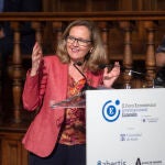 La vicepresidenta segunda del Gobierno y ministra de Asuntos Económicos, Nadia Calviño, interviene la sesión ‘El futuro de las finanzas: tecnología y sostenibilidad’, del II Foro Económico Internacional Expansión