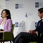 La presidenta de la Comunidad de Madrid, Isabel Díaz Ayuso, y el expresidente del Gobierno y presidente del Instituto Atlántico de Gobierno, IADG, José María Aznar, participan en la clausura del curso 20-21 con la última sesión del Aula de Liderazgo IADG-UFV, este viernes, en Madrid