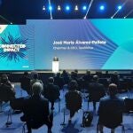 El presidente de Telefónica, José María Álvarez-Pallete, durante el discurso inaugural del Mobile World Congress 21