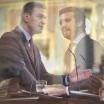 Montaje del líder del PP, Pablo Casado (d), y el presidente del Gobierno, Pedro Sánchez, en una sesión de control al Gobierno