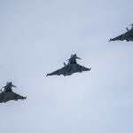 Tres Eurofighters Typhoon en una foto de archivo
