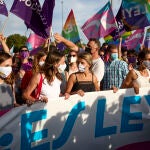 La ministra de Derechos Sociales y Agenda 2030, Ione Belarra, la ministra de Igualdad, Irene Montero, y la vicepresidenta de Trabajo y Economía Social, Yolanda Díaz, durante la manifestación del Orgullo LGTBI