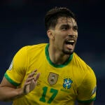 Lucas Paquetá celebra el gol que clasificó a Brasil para la final de la Copa América.