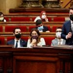 El presidente de la Generalitat, Pere Aragonés, interviene durante el pleno del Parlament