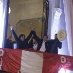 Pedro Castillo, center, celebrates with his running mate Dina Boluarte after being declared president-elect by election authorities at their campaign headquarters in Lima, Peru, Monday, July 19, 2021. Castillo was declared the winner more than a month after elections took place and after opponent Keiko Fujimori claimed that the election was tainted by fraud. (AP Photo/Guadalupe Prado)