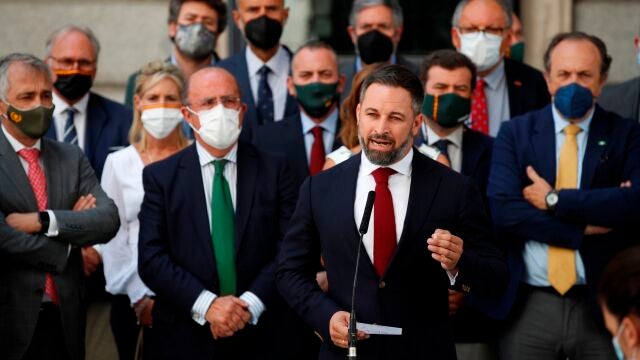 El líder de Vox, Santiago Abascal junto al Grupo Vox en el Congreso