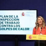 La vicepresidenta segunda del Gobierno y ministra de Trabajo y Economía Social, Yolanda Díaz, interviene durante la presentación del plan de actuación frente al golpe de calor a 26 de julio de 2021 | Fuente: Marta Fernández Jara / Europa Press