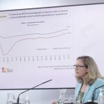 La vicepresidenta primera del Gobierno y ministra de Asuntos Económicos y Transformación Digital, Nadia Calviño, hoy, en la rueda de Prensa posterior al Consejo de Ministros