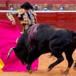 Daniel Luque en su faena durante la corrida celebrada hoy sábado en la Plaza de Toros de La Merced, en Huelva