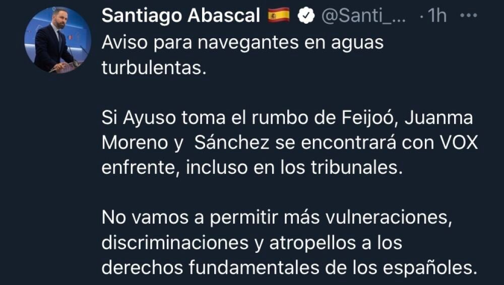 Abascal advierte de que llevará a Ayuso a los tribunales si implanta el ...