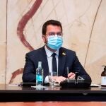 El presidente de la Generalitat, Pere Aragonès, este martes durante la eunión semanal del Govern.