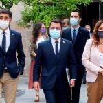 El presidente de la Generalitat, Pere Aragonès junto al vicepresidente y conseller de Políticas Digitales y Territorio, Jordi Puigneró y la consellera de Presidencia Laura Vilagrà