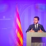 El presidente de la Generalitat, Pere Aragonès, tras la última reunión de todo el gabinete antes del parón veraniego