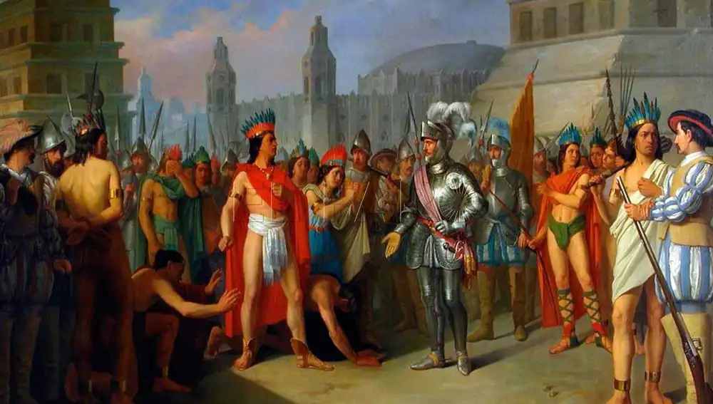 Tapiz idelizado e ilustrativo del encuentro entre Hernán Cortés y Moctezuma