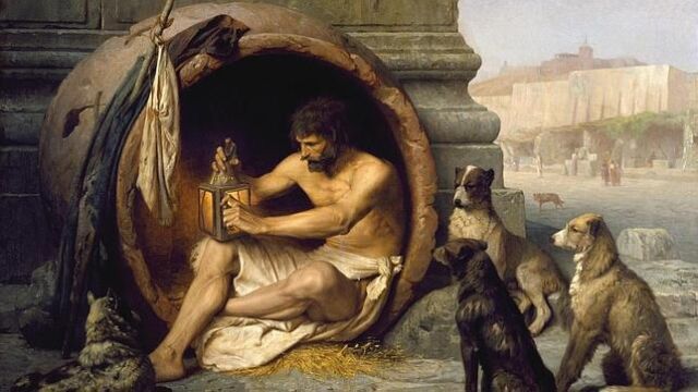Diógenes de Sinope, llamado “el perro”, que vivía en una tinaja y buscaba a un verdadero hombre con una linterna