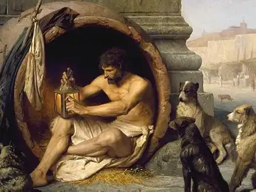 Diógenes de Sinope, llamado “el perro”, que vivía en una tinaja y buscaba a un verdadero hombre con una linterna Diógenes de Sinope, llamado “el perro”, que vivía en una tinaja y buscaba a un verdadero hombre con una linterna