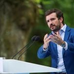 El presidente del Partido Popular, Pablo Casado, durante su intervención este domingo en el inicio del curso político del Partido Popular en Galicia