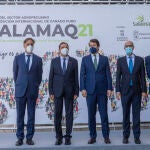 El alcalde de Salamanca, Carlos García Carbayo; el ministro Luis Planas; el presidente de la Junta, Alfonso Fernández Mañueco; el de la Diputación de Salamanca, Javier Iglesias; y el consejero Jesús Julio Carnero, inauguran Salamaq21