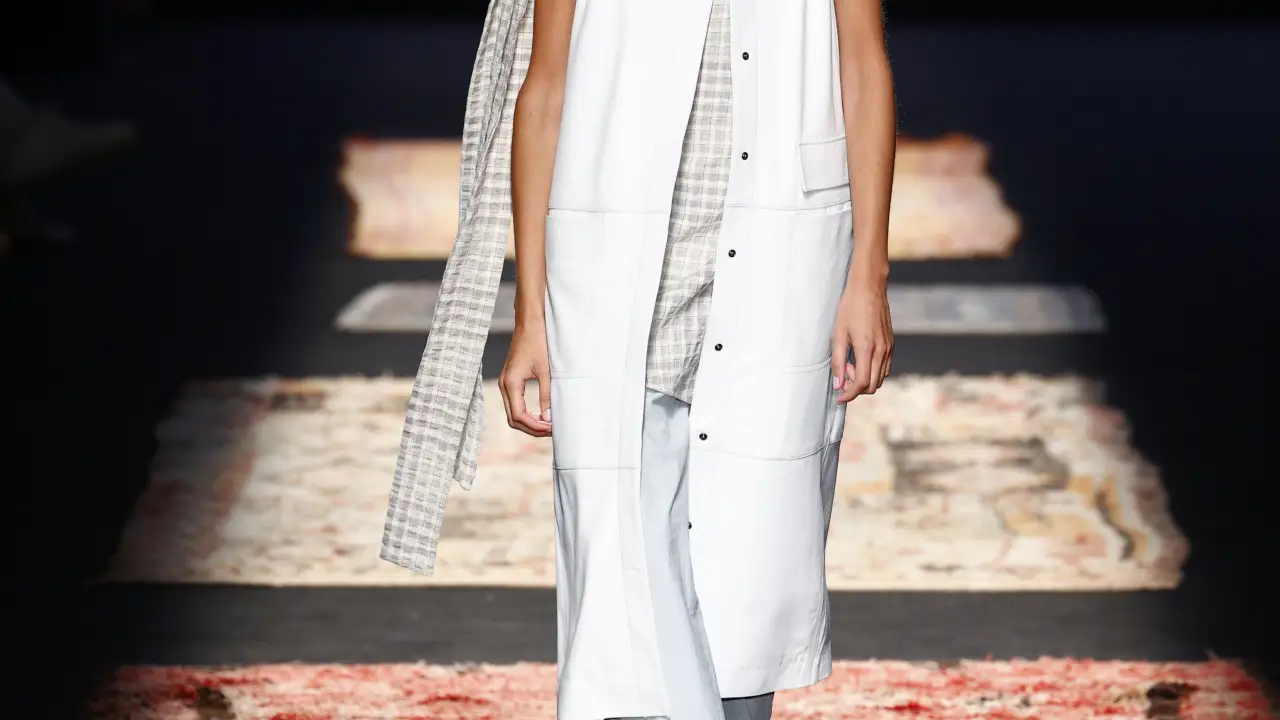 A model wears at collection runway a creation from “ Duarte “ during Pasarela Cibeles Mercedes-Benz Fashion Week Madrid 2021 in Madrid,16 September 2021.